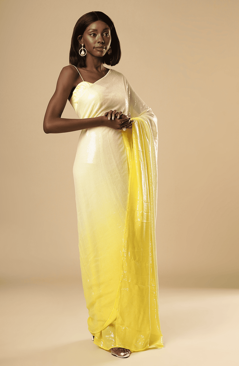 One Minute Saree<sup>®</sup> Sana White & Yellow Ombre Sequins Pre-Draped Ready to Wear Sari, Alternate, color,