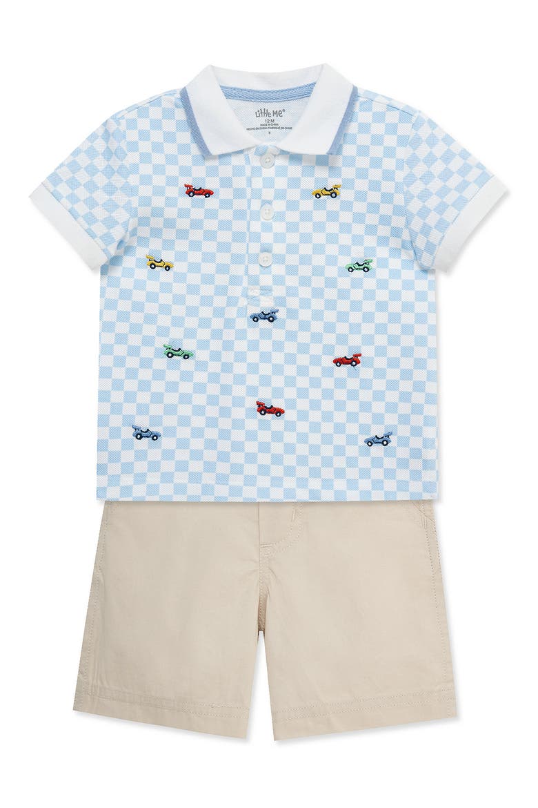 Race Car Polo & Shorts Set, Alternate, color, BLUE CHECK