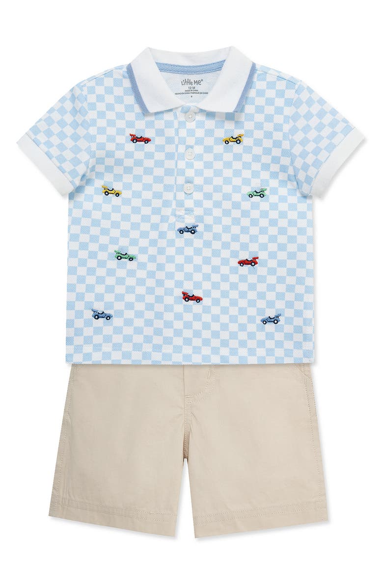 Little Me Race Car Polo & Shorts Set, Alternate, color, Blue Check