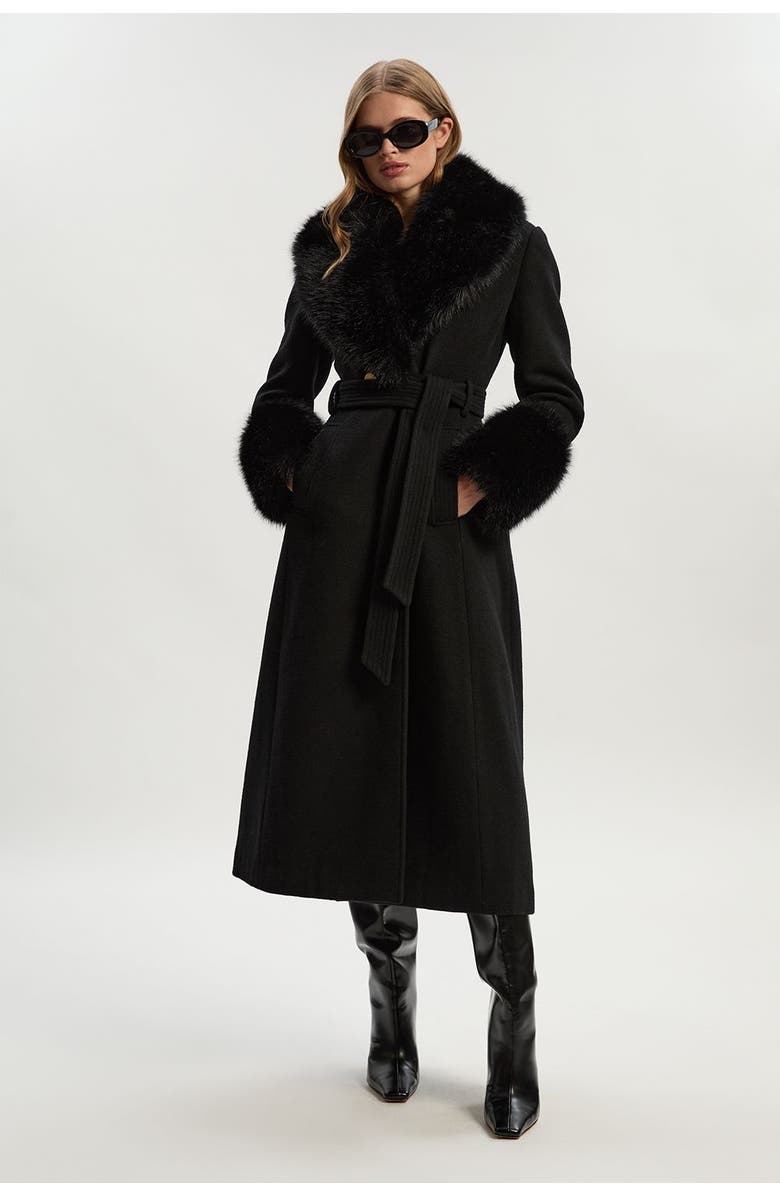 Karen Millen Wool Detachable Fur Belted Midi Coat, Main, color, Black