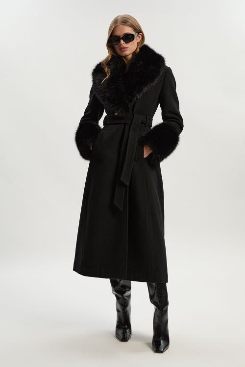 Karen Millen Wool Detachable Fur Belted Midi Coat In Black