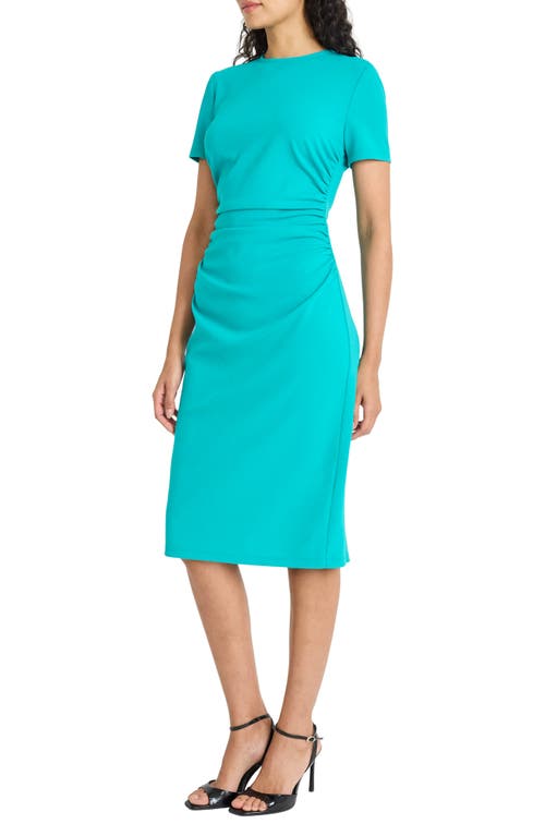 Maggy London Ruched Short Sleeve Midi Dress In Blue