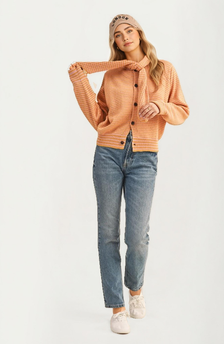 Knit and Lounge Striped Knit Button Tie-Neck Scarf Cardigan, Main, color, Orange / Pink Stripes