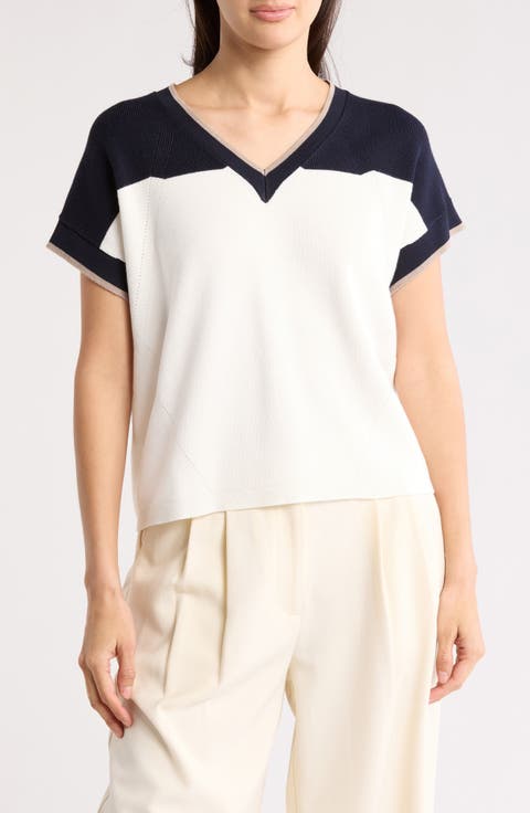 Colorblock V-Neck Short Sleeve Sweater
