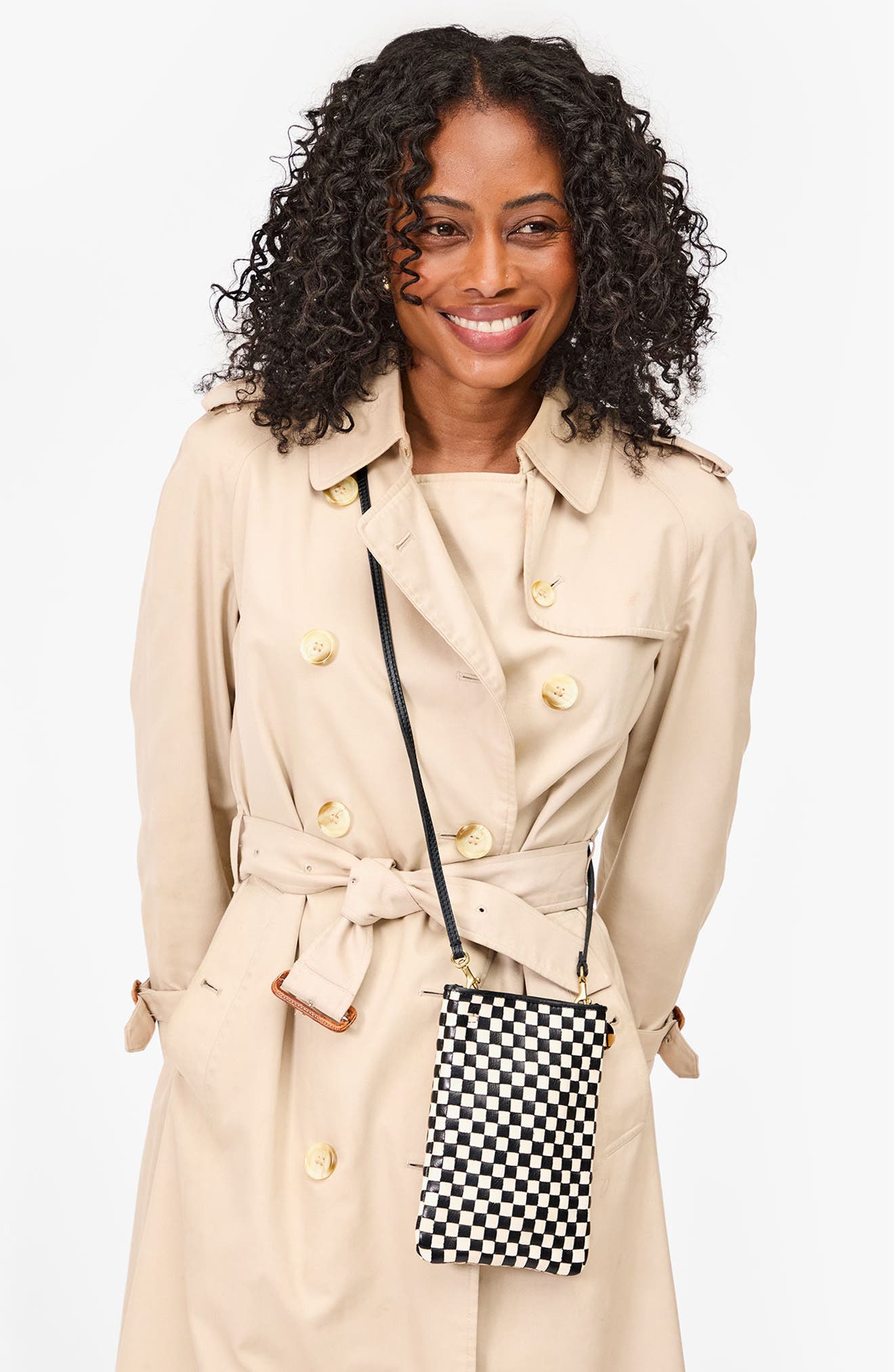 Clare V. Poche Woven Leather Crossbody Bag, Alternate, color, Black/ Cream Woven Checker