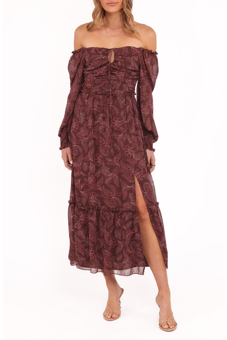 Keziah Long Sleeve Off the Shoulder Dress, Main, color, BURGUNDY PAISLEY