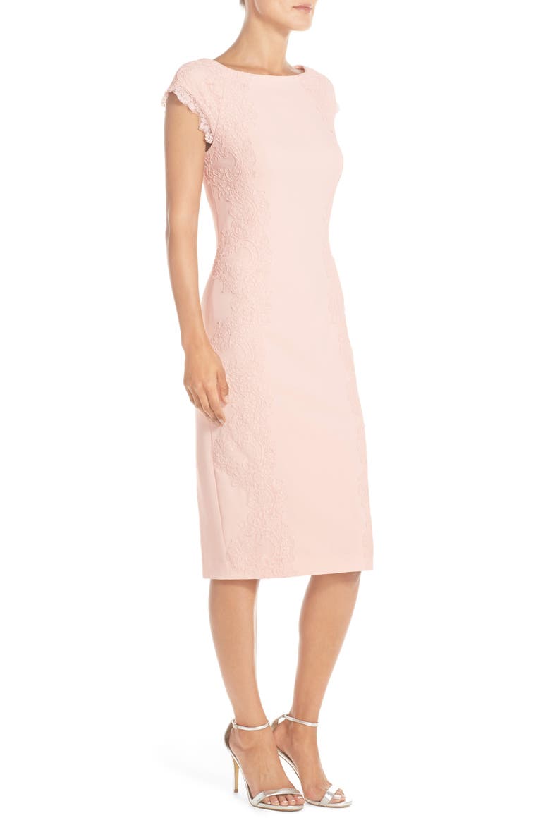 Lace Detail Crepe Sheath Dress, Alternate, color, BLUSH