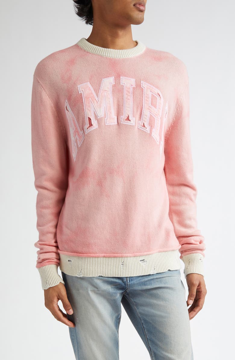 AMIRI Logo Appliqué Distressed Cashmere Crewneck Sweater, Main, color, Flamingo Pink