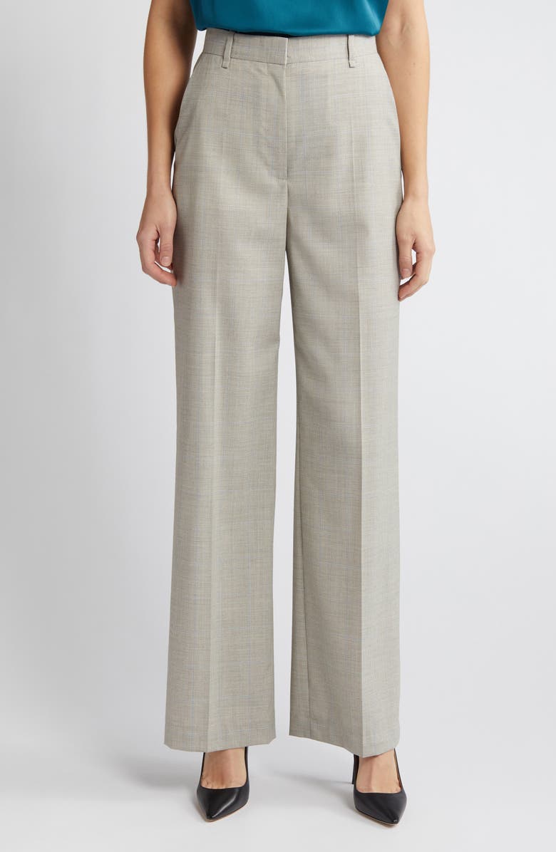 BOSS Tikela Virgin Wool Wide Leg Pants, Main, color, Light Beige Windowpane