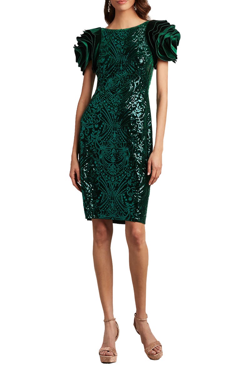 Tadashi Shoji Sequin Rosette Sleeve Sheath Cocktail Dress, Main, color,
