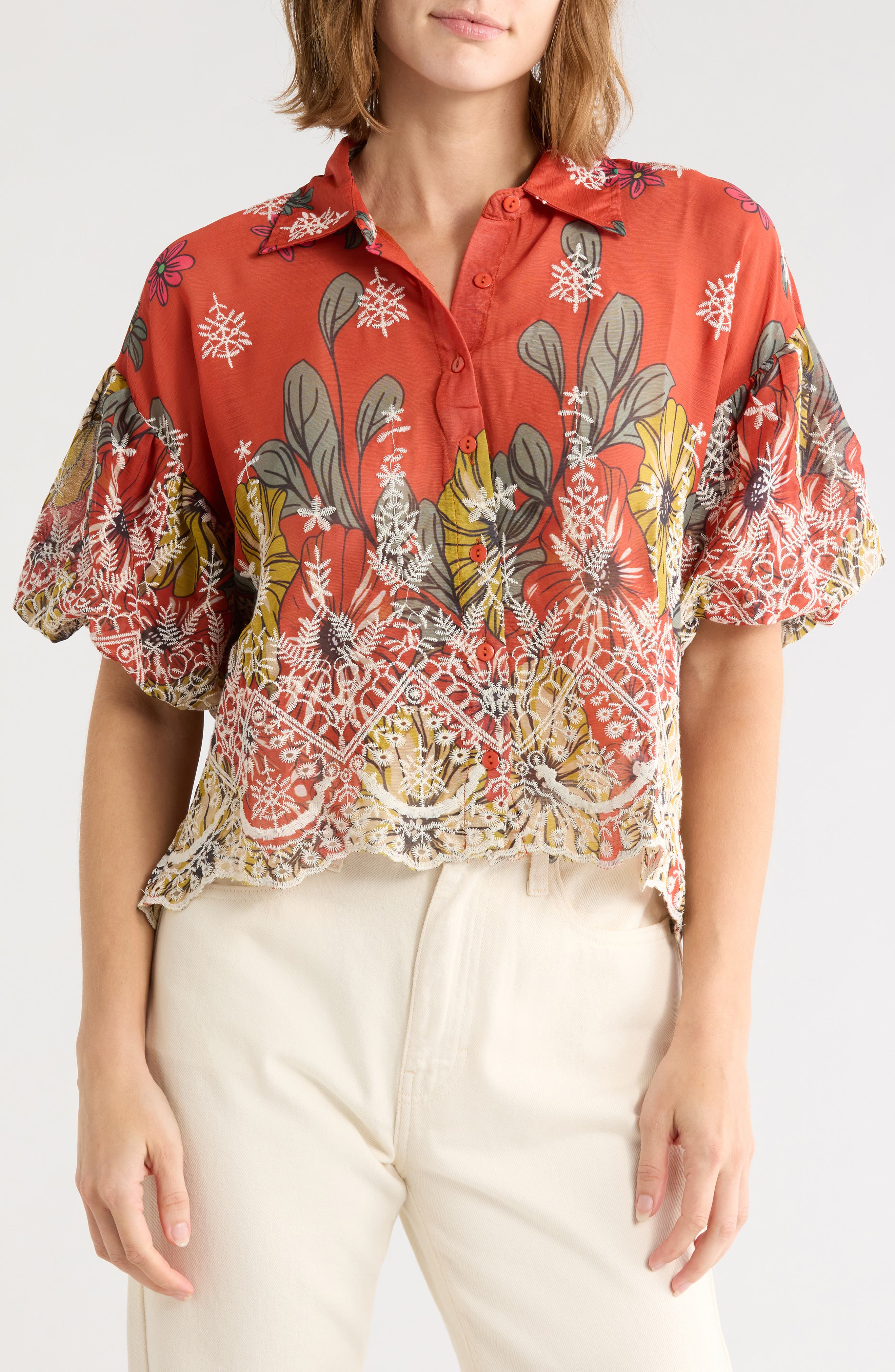 Embroidered Eyelet Bubble Sleeve Shirt