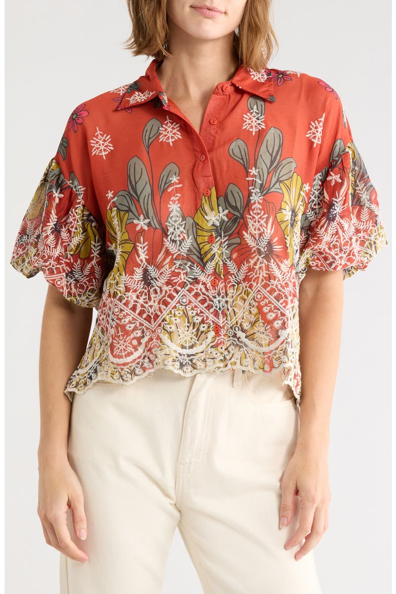 Embroidered Eyelet Bubble Sleeve Shirt, Main, color, RED