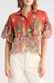 Embroidered Eyelet Bubble Sleeve Shirt