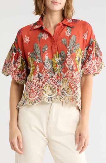 Embroidered Eyelet Bubble Sleeve Shirt