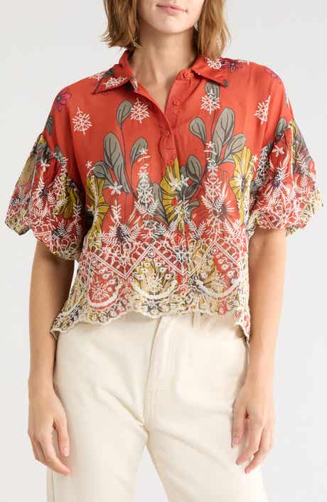 Embroidered Eyelet Bubble Sleeve Shirt