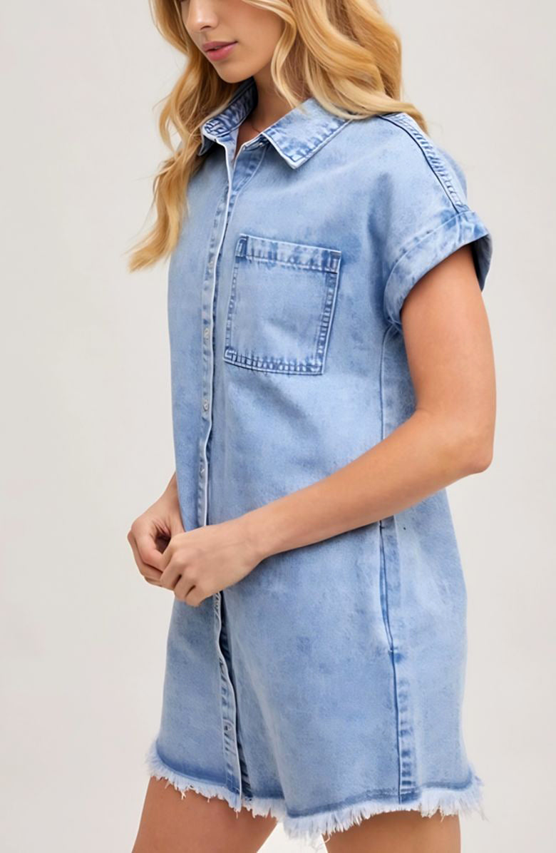 Knit and Lounge Cap Sleeve Denim Shirt Dress, Alternate, color, Light Blue Denim