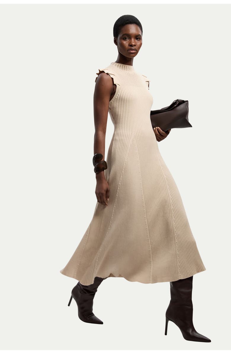 Karen Millen Pointelle Frill Sleeve Knit Midi Dress, Alternate, color, Cream