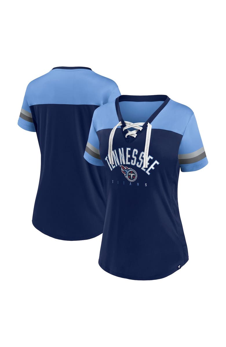 FANATICS Women's Fanatics Branded Navy/Light Blue Tennessee Titans Blitz & Glam Lace-Up V-Neck Jersey T-Shirt, Alternate, color, Navy