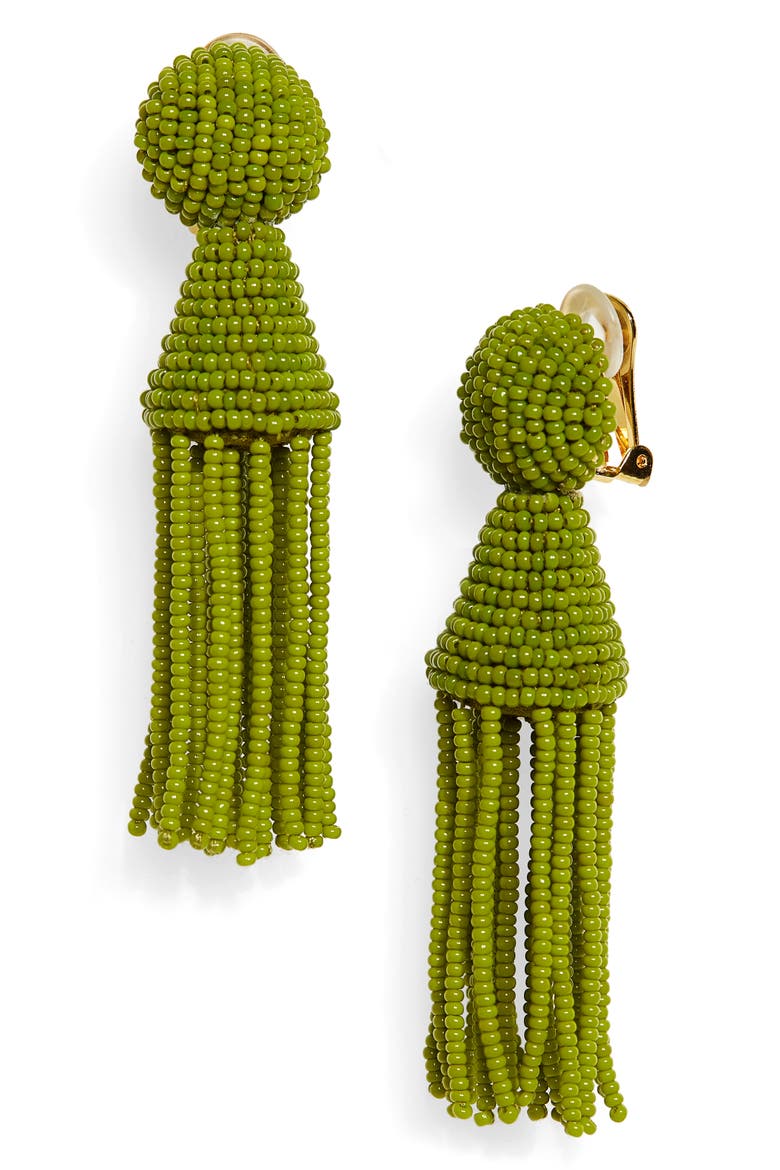 Short Beaded Tassel Clip Earrings, Main, color, PEAR