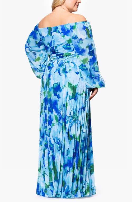 Xscape Evenings Floral Off The Shoulder Long Sleeve Gown In Turquoise/navy