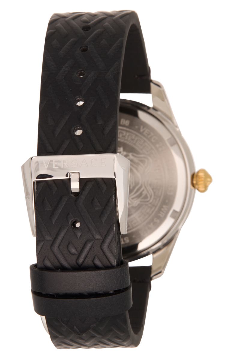 Versace Greca Time Leather Strap Watch, 41mm, Alternate, color, Stainless Steel