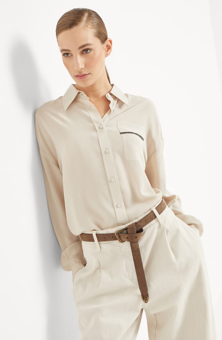 Brunello Cucinelli Silk crêpe de Chine shirt with shiny pocket detail, Alternate, color, 