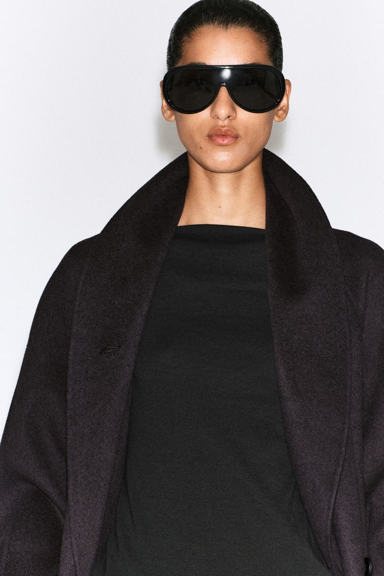 Shawl-Collar Double-Faced Wool Long Coat, Alternate, color, DARK BROWN