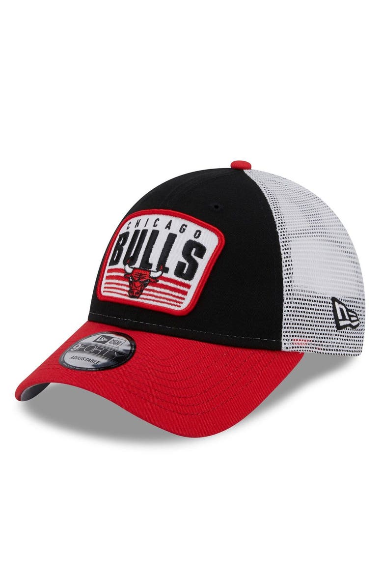 New Era Men's New Era Black/Red Chicago Bulls Two-Tone Patch 9FORTY Trucker Snapback Hat, Main, color, 
