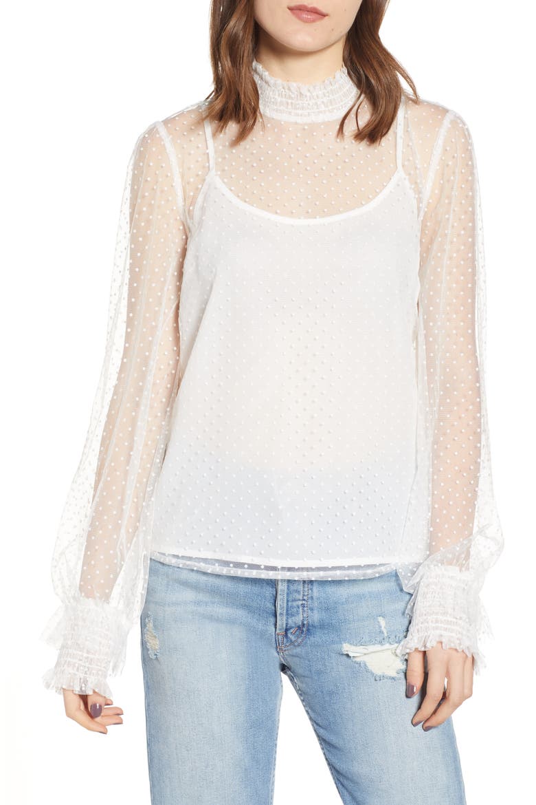 Swiss Dot Sheer Mesh High Neck Blouse, Main, color, WHITE