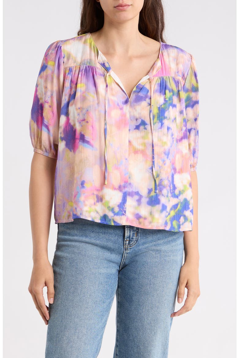 Tie Front Puff Sleeve Tunic Top, Main, color, DREAMSCAPE