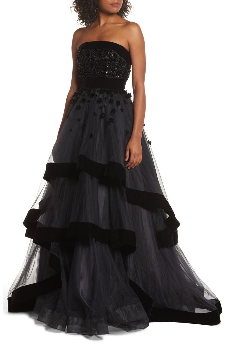 Beaded Strapless Tiered Ballgown, Main, color, BLACK