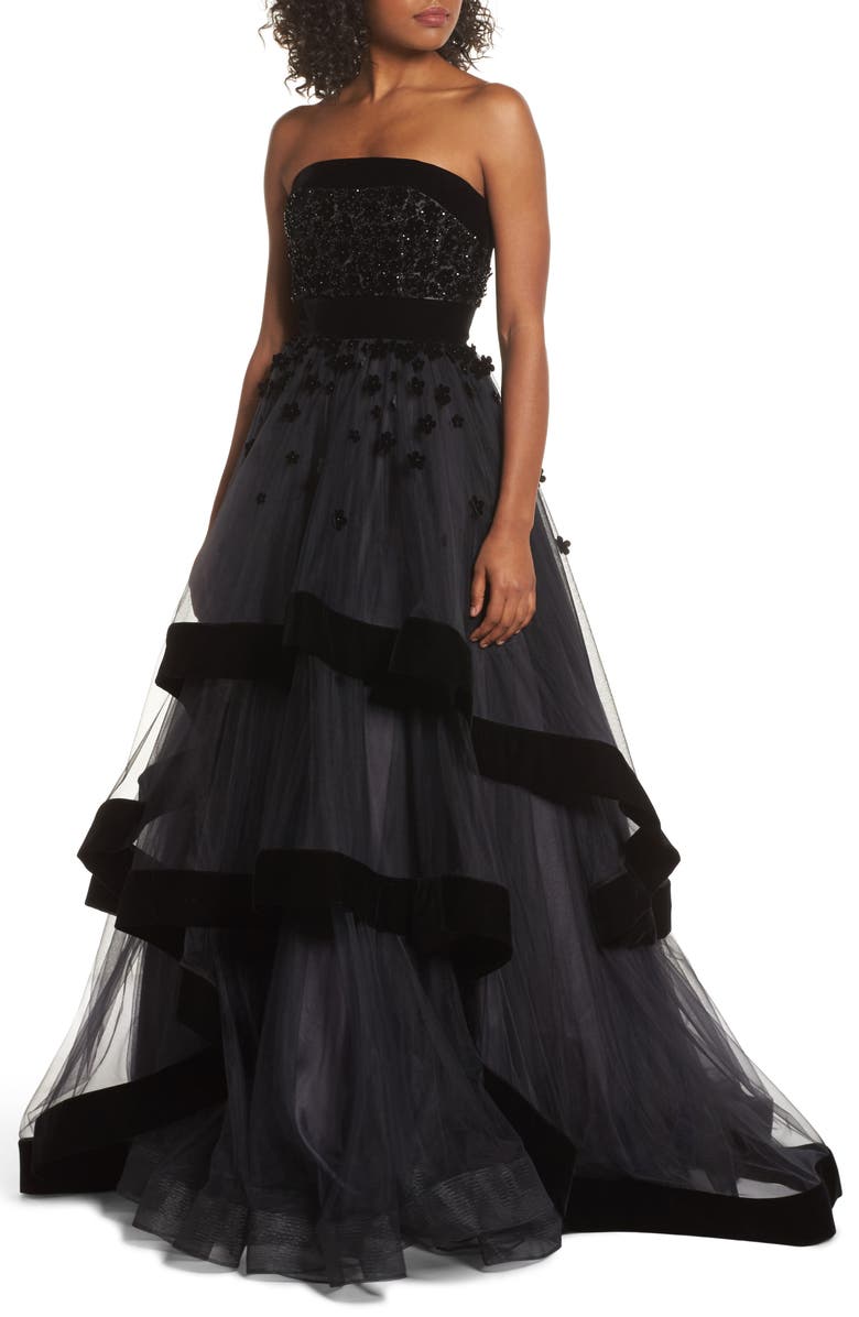 Mac Duggal Beaded Strapless Tiered Ballgown, Main, color,