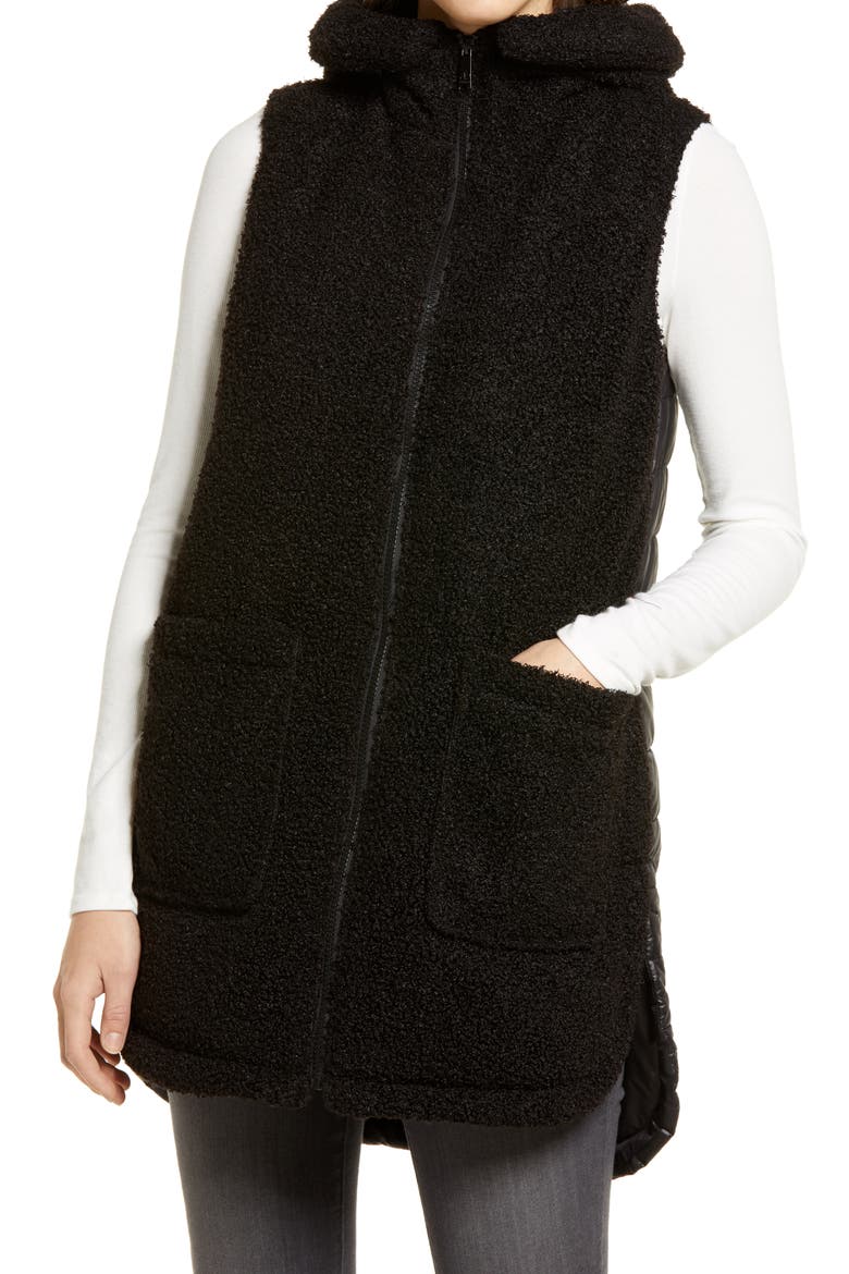Hooded Faux Fur Teddy Vest, Alternate, color, BLACK