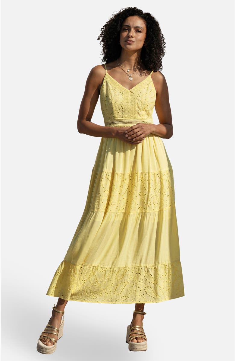Yumi Cotton Lace Trim Midi Dress, Main, color, Butter Yellow
