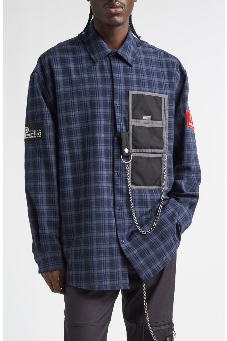 Wallet Chain Plaid Flannel Button-Up Shirt, Main, color, BLUE