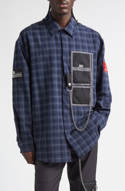 Wallet Chain Plaid Flannel Button-Up Shirt