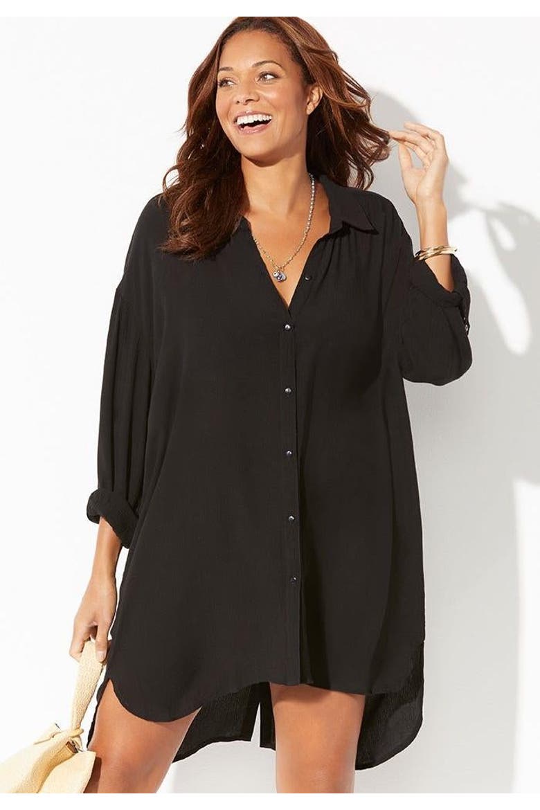 Shea High Low Button Front Cover Up Shirt, Alternate, color, Black