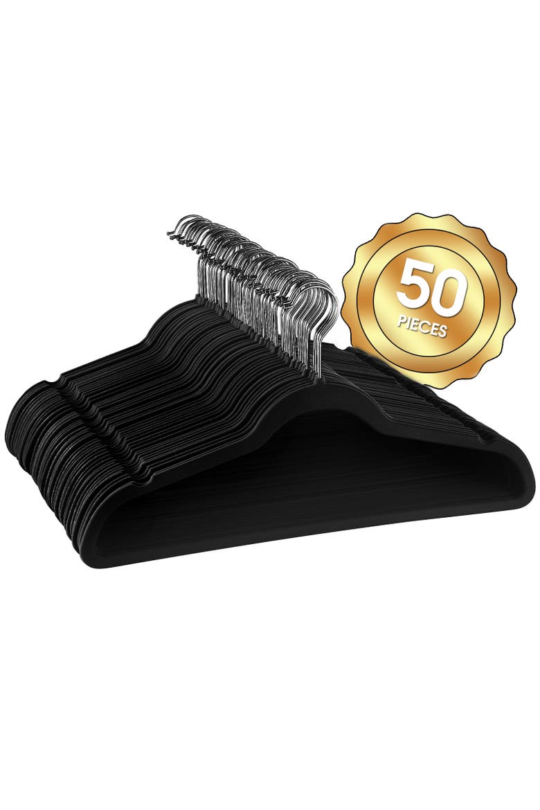50 Piece Flocked Velvet Clothes Hangers with Stainless Steel Swivel Hooks, Main, color, Black