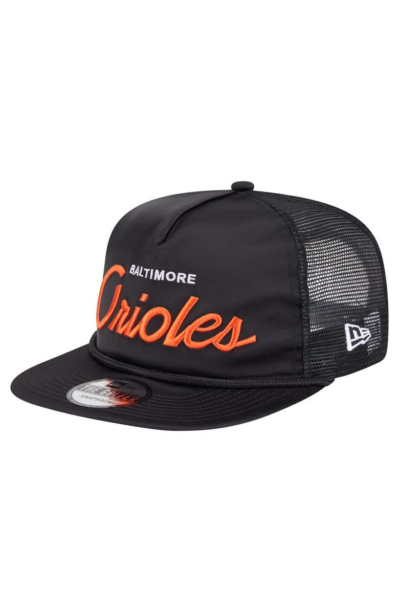 New Era Men's New Era Black Baltimore Orioles Retro Satin Script Golfer Adjustable Hat, Main, color, 