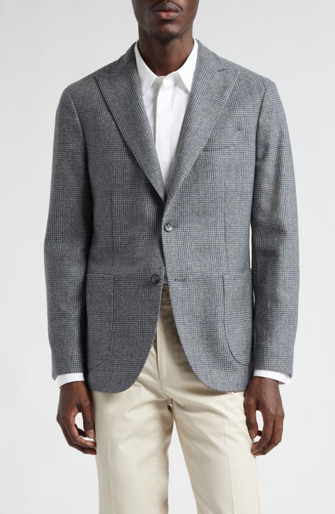 Grey Plaid Peak Lapel Virgin Wool Sport Coat (Regular & Long)