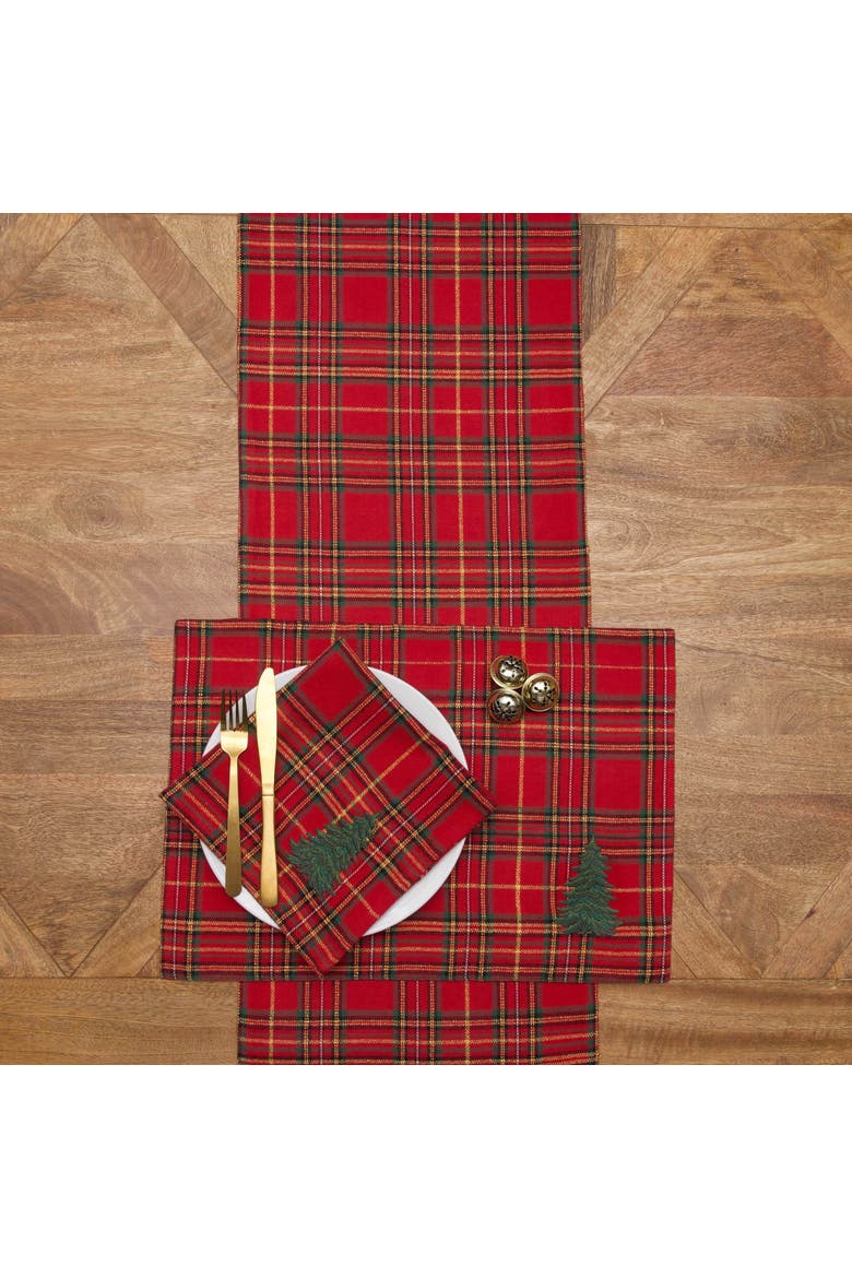 Spruce Tree Embroidery on Plaid Set of 6 Cloth Napkins, Alternate, color, Red