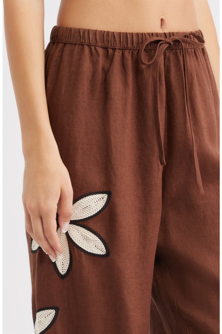 Emmie Embroidered Floral Drawstring Linen Pants, Alternate, color, COCOA FLORAL EMBROIDERY