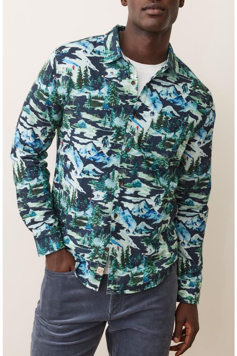 Fresh Tracks Winter Scene Cotton Button-Up Shirt, Main, color, NAVY SKI PRINT