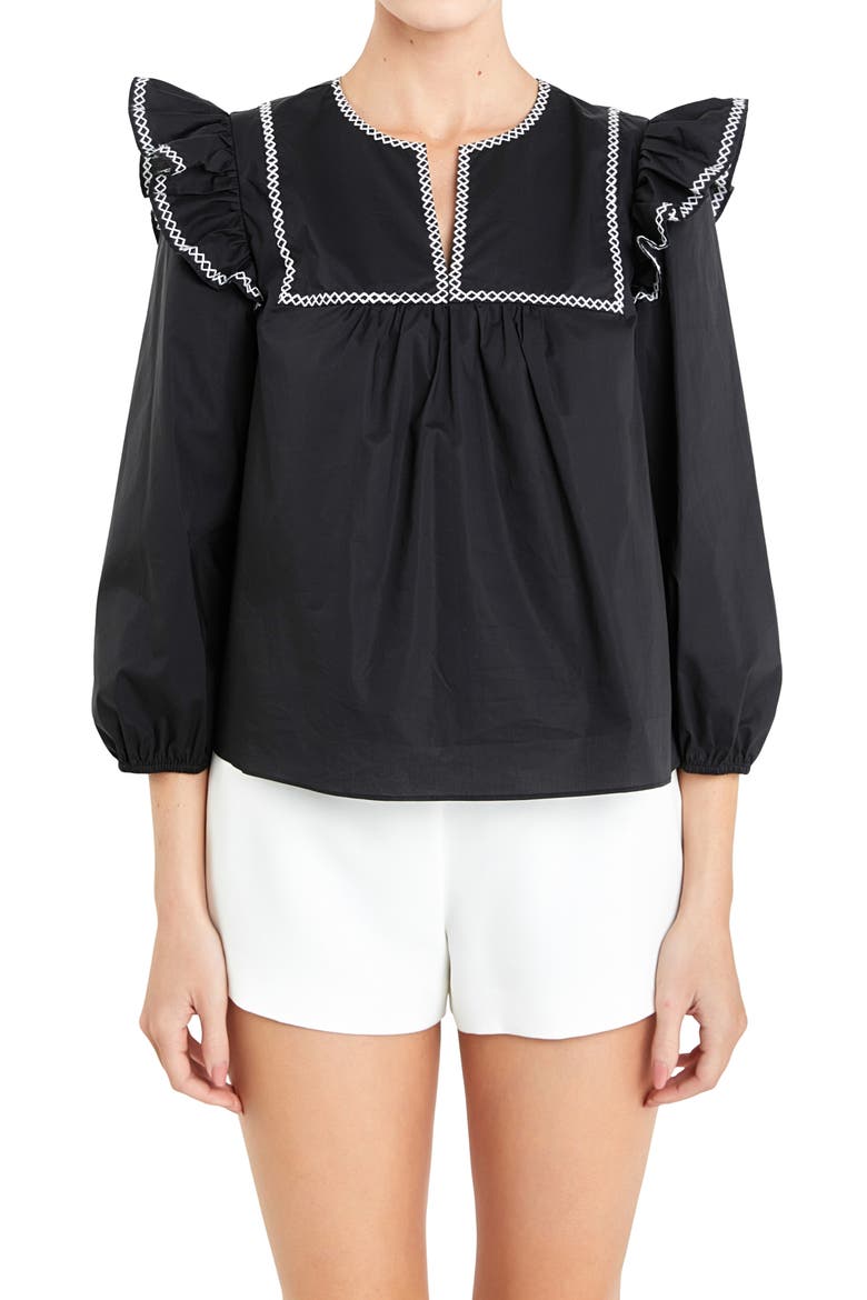 Embroidered Ruffle Balloon Sleeve Cotton Top, Alternate, color, BLACK/ WHITE