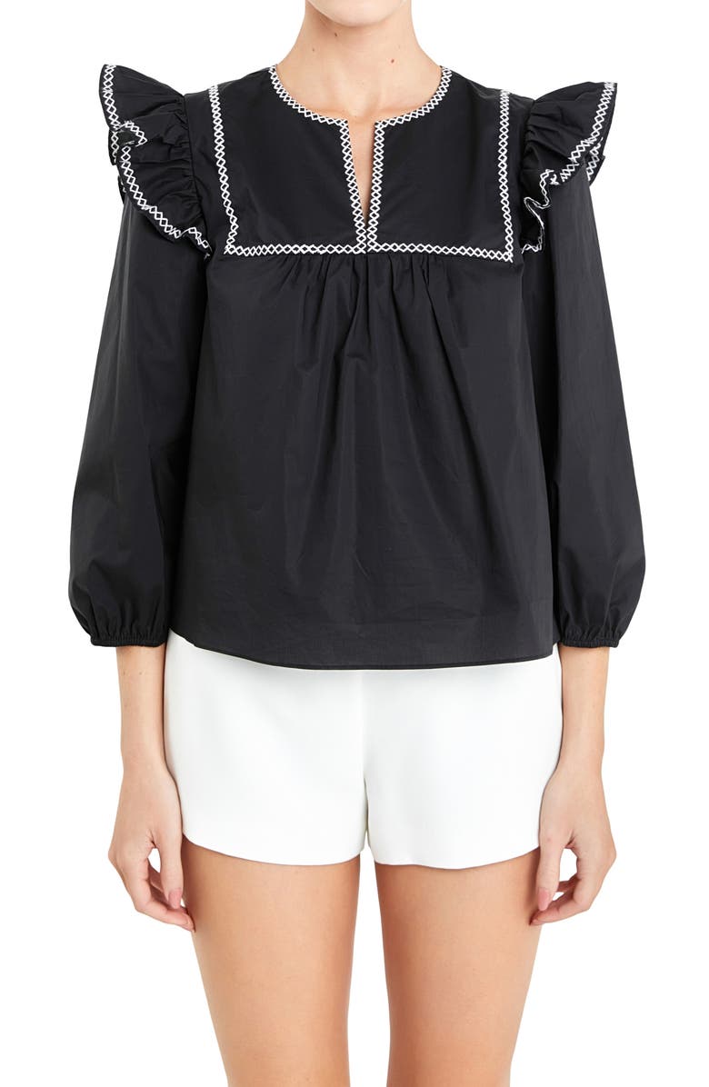 English Factory Embroidered Ruffle Balloon Sleeve Cotton Top, Alternate, color, Black/ White
