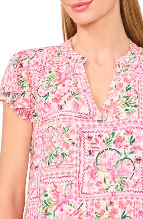 Cece Floral Flutter Sleeve V-neck Challis Top In White