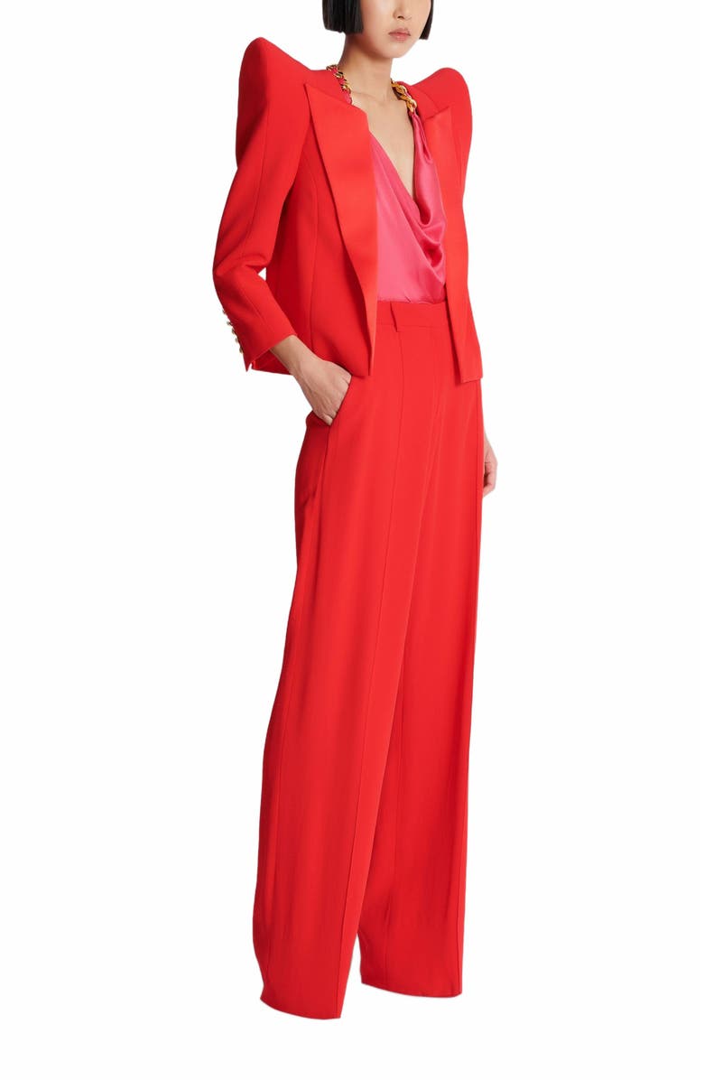 Balmain Cropped Crepe Jacket With Structured Shoulders, Alternate, color, Red