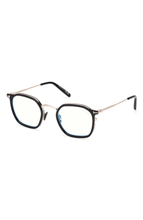 Tom Ford 50mm Round Blue Light Blocking Glasses In Black/rose Gold/havana