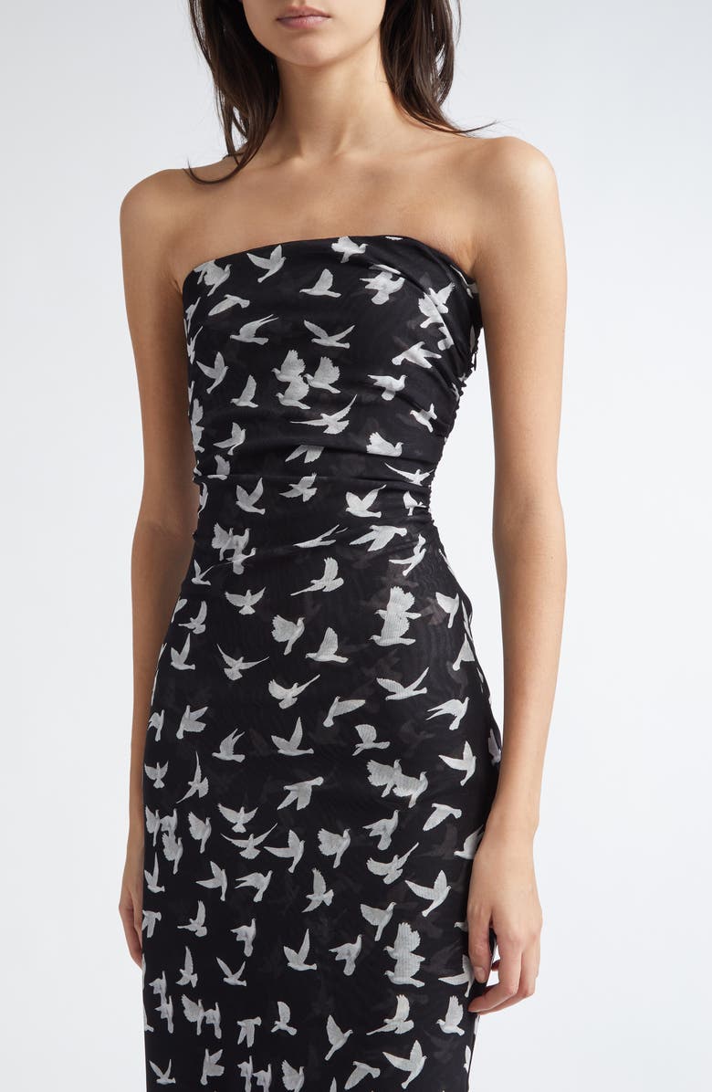 Stella McCartney Flying Bird Haze Gathered Strapless Mesh Dress, Alternate, color, Black