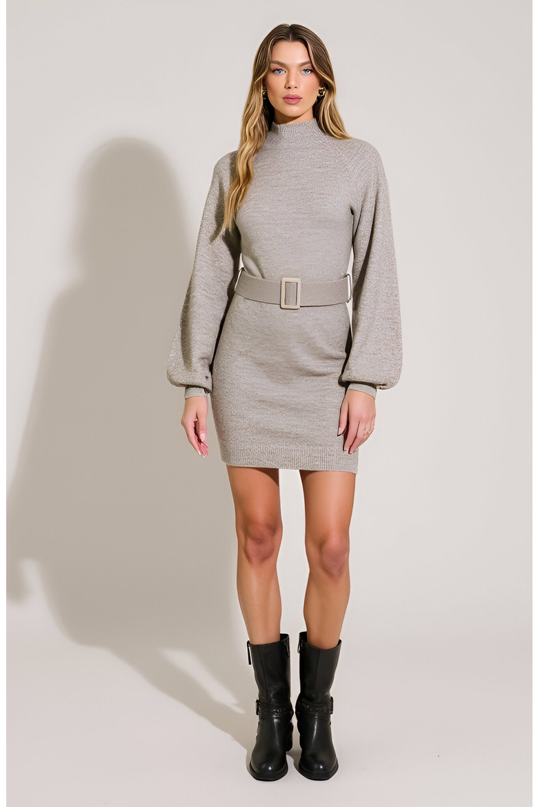 Belted Mock Neck Balloon Sleeve Sweater Dress, Alternate, color, Beige